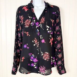 Express The Portofino Shirt Women's‎ XS Black Floral Blouse Office Business